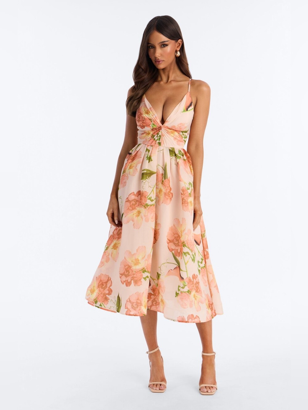 Floral Twist-Front Midi Dress - Peach Floral